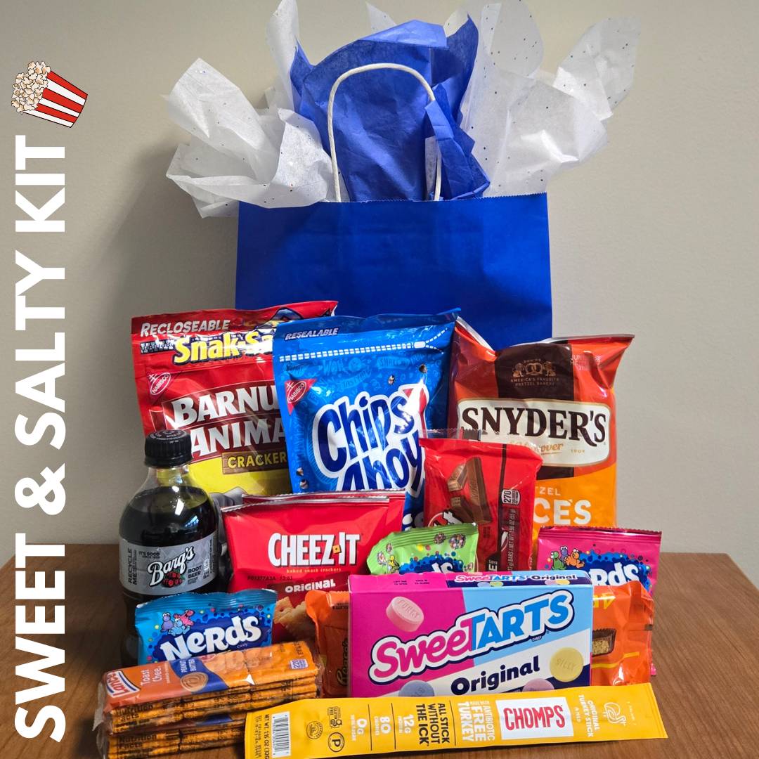 Pretzels, crackers, cookies, pop, sweet tarts, beef stick, Nerds, Kit Kats, and Reese's